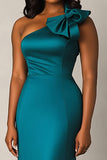 Peacock One Shoulder Satin Bowknot Long Formal Dress with Slit