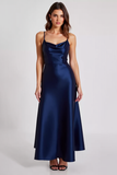 Navy Satin Spaghetti Straps Cowl Neck Sheath Long Formal Dress
