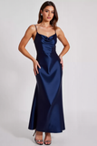 Navy Satin Spaghetti Straps Cowl Neck Sheath Long Formal Dress