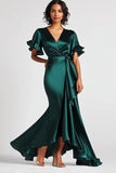 Dark Green Mermaid V Neck Long Satin Formal Dress