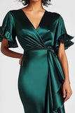 Dark Green Mermaid V Neck Long Satin Formal Dress