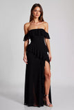 Black Off the Shoulder Chiffon Ruffled Formal Dress with Slit