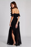 Black Off the Shoulder Chiffon Ruffled Formal Dress with Slit