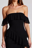 Black Off the Shoulder Chiffon Ruffled Formal Dress with Slit