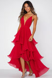 Red V-Neck A Line Long Chiffon Formal Dress with Ruffles