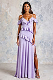 Lilac Ruffled Cold Shoulder Long A Line Chiffon Formal Dress with Slit
