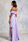 Lilac Ruffled Cold Shoulder Long A Line Chiffon Formal Dress with Slit