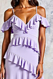 Lilac Ruffled Cold Shoulder Long A Line Chiffon Formal Dress with Slit