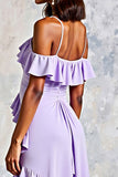 Lilac Ruffled Cold Shoulder Long A Line Chiffon Formal Dress with Slit