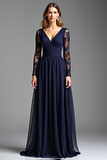 Navy Chiffon Long Sleeves V-Neck A Line Long Formal Dress
