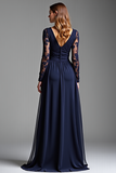 Navy Chiffon Long Sleeves V-Neck A Line Long Formal Dress