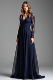 Navy Chiffon Long Sleeves V-Neck A Line Long Formal Dress