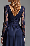 Navy Chiffon Long Sleeves V-Neck A Line Long Formal Dress