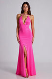 Fuchsia Mermaid V-Neck Satin Backless Long Formal Dress with Slit