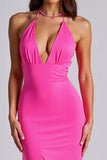 Fuchsia Mermaid V-Neck Satin Backless Long Formal Dress with Slit
