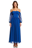 Royal Blue A Line Off the Shoulder Chiffon Long Sleeves Formal Dress