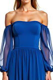 Royal Blue A Line Off the Shoulder Chiffon Long Sleeves Formal Dress