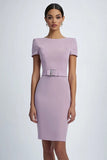 Lilac Simple Sheath Knee Length Crepe Formal Dress with Belt