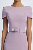 Lilac Simple Sheath Knee Length Crepe Formal Dress with Belt