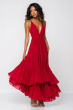 Red Deep V-Neck Pleated A Line Long Chiffon Formal Dress