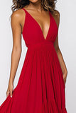 Red Deep V-Neck Pleated A Line Long Chiffon Formal Dress