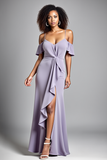 Lilac Cold Shoulder Ruffled Sheath Long Formal Dress with Slit