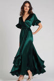 Satin Dark Green V-Neck A Line Long Formal Dress with Ruffles
