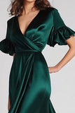 Satin Dark Green V-Neck A Line Long Formal Dress with Ruffles