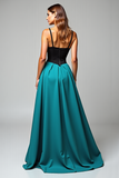 A Line Black Peacock Blue Spaghetti Straps Satin Long Formal Dress