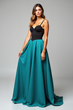 A Line Black Peacock Blue Spaghetti Straps Satin Long Formal Dress
