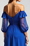 Royal Blue Off the Shoulder Ruched High-Low A Line Formal Dress