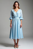 Sky Blue V-Neck Half Sleeves A Line Tea Length Formal Dress