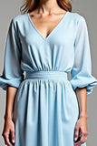 Sky Blue V-Neck Half Sleeves A Line Tea Length Formal Dress