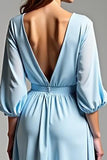 Sky Blue V-Neck Half Sleeves A Line Tea Length Formal Dress