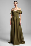 A Line Olive Off the Shoulder Chiffon Long Formal Dress with Ruffles