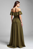 A Line Olive Off the Shoulder Chiffon Long Formal Dress with Ruffles