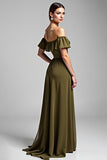 A Line Olive Off the Shoulder Chiffon Long Formal Dress with Ruffles