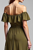 A Line Olive Off the Shoulder Chiffon Long Formal Dress with Ruffles