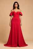 Sweetheart Red Off the Shoulder A Line Satin Long Formal Dress