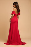 Sweetheart Red Off the Shoulder A Line Satin Long Formal Dress