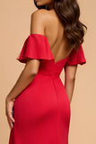 Sweetheart Red Off the Shoulder A Line Satin Long Formal Dress