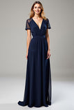 A Line V-Neck Navy Chiffon Long Formal Dress