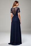 A Line V-Neck Navy Chiffon Long Formal Dress