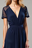 A Line V-Neck Navy Chiffon Long Formal Dress