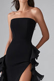Black Strapless Sheath Ruffled Long Formal Dress with Slit