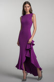 Plum Sheath Ruffled Long Formal Dress with Slit