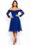 Royal Blue Off the Shoulder Chiffon Knee-Length Formal Dress with Ruffles