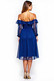 Royal Blue Off the Shoulder Chiffon Knee-Length Formal Dress with Ruffles