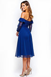 Royal Blue Off the Shoulder Chiffon Knee-Length Formal Dress with Ruffles