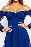 Royal Blue Off the Shoulder Chiffon Knee-Length Formal Dress with Ruffles